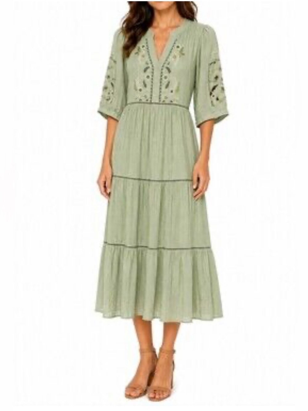 fig and flower Sage Green Embroidered Tiered Midi Dress